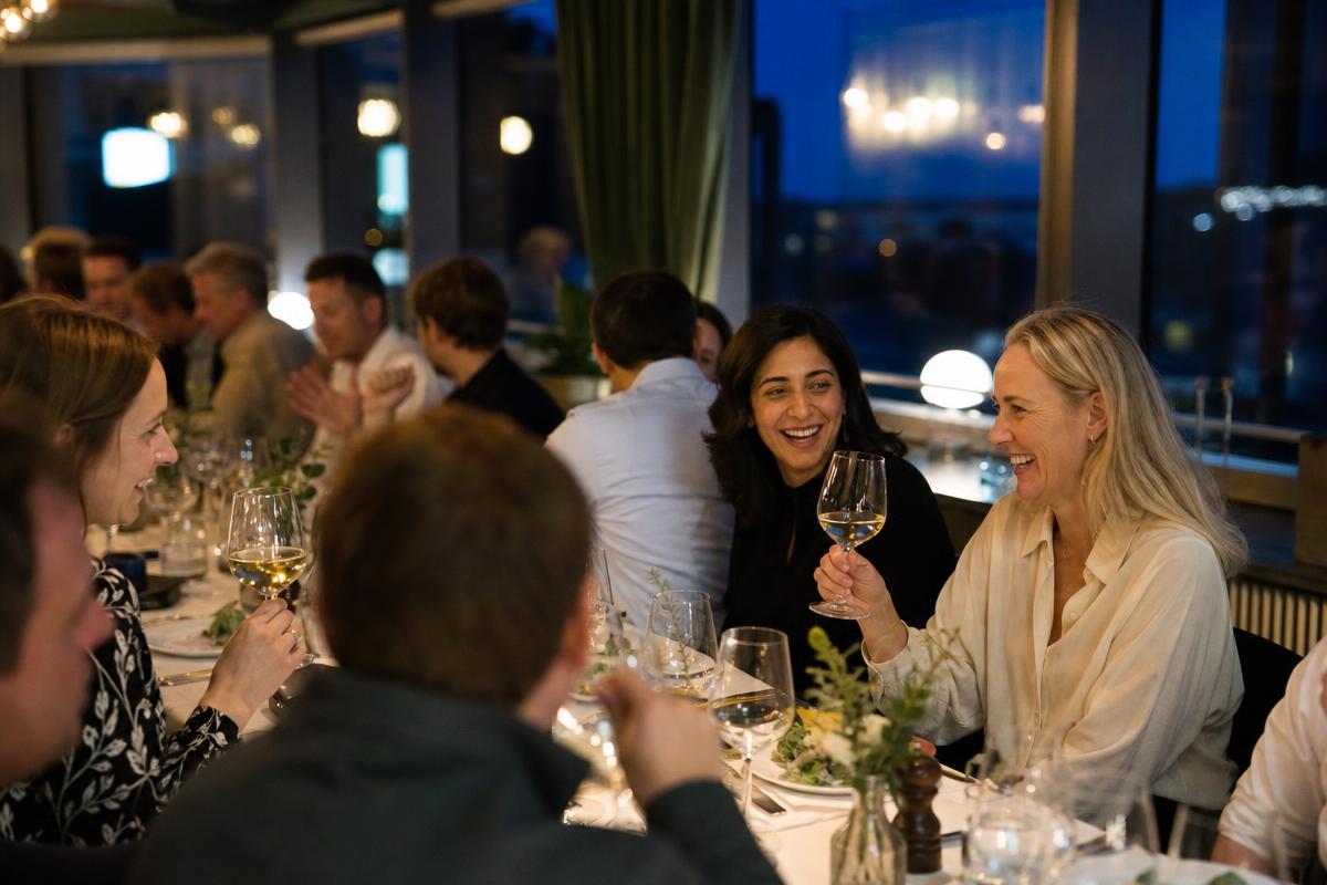 Långbord dukat för företagsfest i en trädgård vid havet