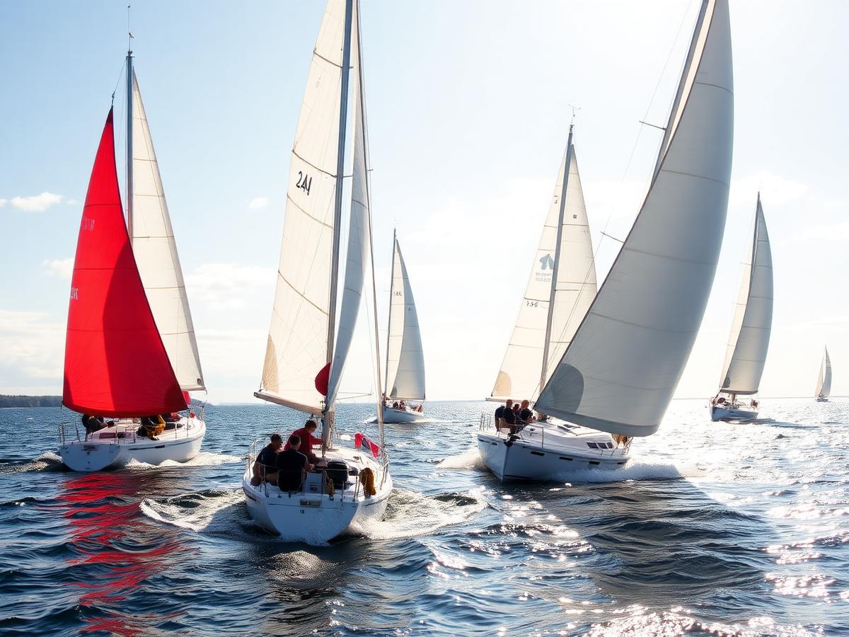 Segelbåtar i kappsegling på soligt vatten utanför Stockholm