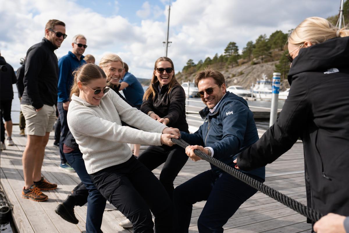 Kollegor som samarbetar i en teambuildingaktivitet i Gamla Stan